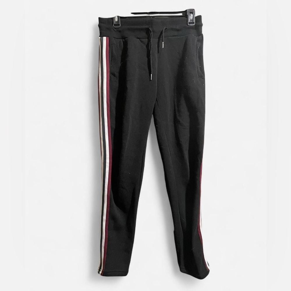 Black Track Joggers with Burgundy and White Side Stripes